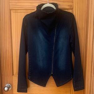 Asymmetrical Dark Blue Denim Jacket with Funnel Neckline, Sz M